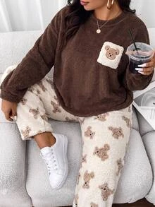 SHEIN CURVE+ Plus Size Casual Loungewear 2 Pieces Set, Fuzzy Cartoon Bear Pocket Thickened Top And Pants - Multicolor - View 9