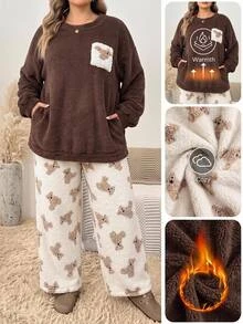 SHEIN CURVE+ Plus Size Casual Loungewear 2 Pieces Set, Fuzzy Cartoon Bear Pocket Thickened Top And Pants - Multicolor - View 1