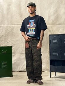 Norleigh Men's Casual Multi-Pocket Camouflage Wide Leg Denim Cargo Jeans, Street Fashion - Army Green - View 4