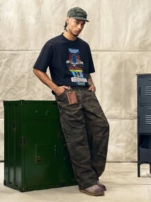 Norleigh Men's Casual Multi-Pocket Camouflage Wide Leg Denim Cargo Jeans, Street Fashion - Army Green - View 7