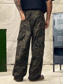 Norleigh Men's Casual Multi-Pocket Camouflage Wide Leg Denim Cargo Jeans, Street Fashion - Army Green - View 2