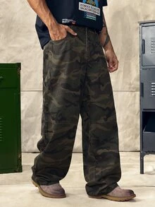 Norleigh Men's Casual Multi-Pocket Camouflage Wide Leg Denim Cargo Jeans, Street Fashion - Army Green - View 3
