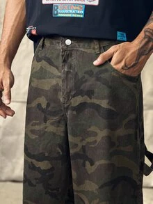 Norleigh Men's Casual Multi-Pocket Camouflage Wide Leg Denim Cargo Jeans, Street Fashion - Army Green - View 5