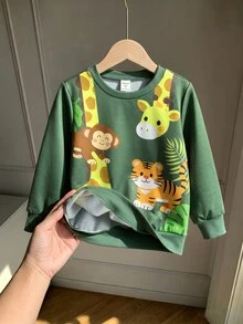 SHEIN 兒童小男孩綠色休閒可愛動物圖案運動衫，可愛酷炫趣味卡通動物派對印花，長頸鹿、小猴子、小老虎圖案印花，適合度假、返校、秋季、外出穿著上衣 - 綠色 - 查看 3