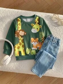 SHEIN 兒童小男孩綠色休閒可愛動物圖案運動衫，可愛酷炫趣味卡通動物派對印花，長頸鹿、小猴子、小老虎圖案印花，適合度假、返校、秋季、外出穿著上衣 - 綠色 - 查看 1