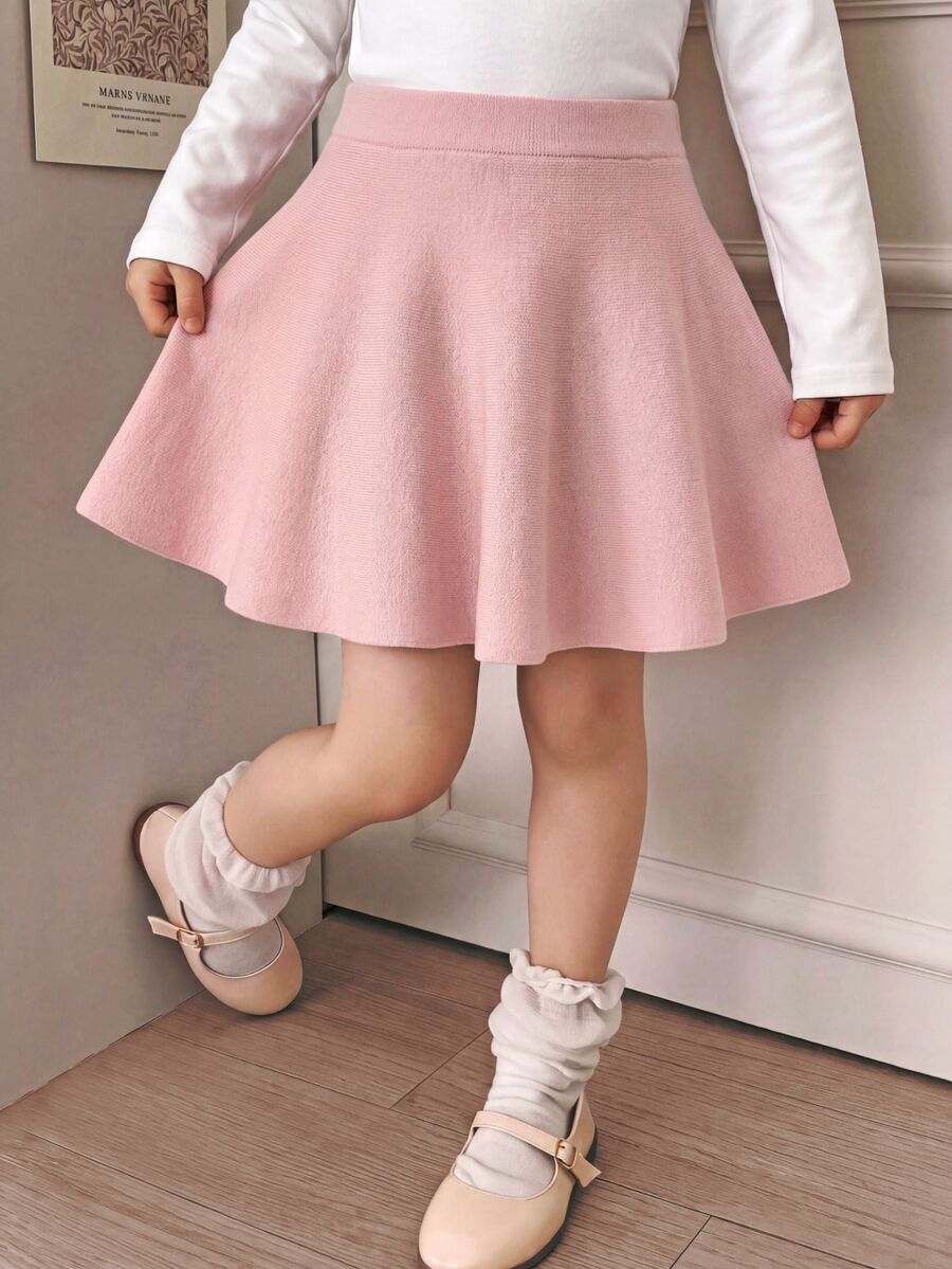 SHEIN Young Girl Solid Color Casual Daily Knit Mini Skirt Autumn Fall - Pink - View 1