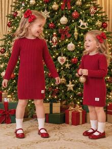 SHEIN Young Girl Red Casual Fairy Princess Textured Dress Suitable For Party 7th Birthday And Outdoor Occasions Autumn/Winter Wear/Christmas - Multicolor - View 3
