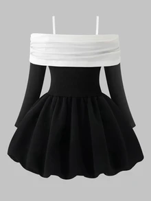 GirlsBlack & White Contrast Off-Shoulder Long Sleeve Princess Birthday Dress Fall Black & White Contrast Design Off-Shoulder Off-Shoulder Style With A - Black - View 2