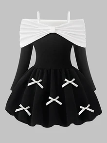 GirlsBlack & White Contrast Off-Shoulder Long Sleeve Princess Birthday Dress Fall Black & White Contrast Design Off-Shoulder Off-Shoulder Style With A - Black - View 3