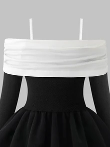 GirlsBlack & White Contrast Off-Shoulder Long Sleeve Princess Birthday Dress Fall Black & White Contrast Design Off-Shoulder Off-Shoulder Style With A - Black - View 8