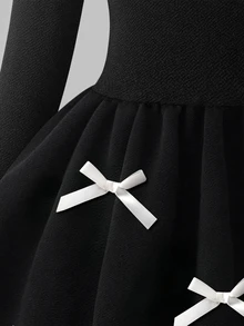 GirlsBlack & White Contrast Off-Shoulder Long Sleeve Princess Birthday Dress Fall Black & White Contrast Design Off-Shoulder Off-Shoulder Style With A - Black - View 4