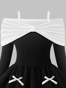 GirlsBlack & White Contrast Off-Shoulder Long Sleeve Princess Birthday Dress Fall Black & White Contrast Design Off-Shoulder Off-Shoulder Style With A - Black - View 6