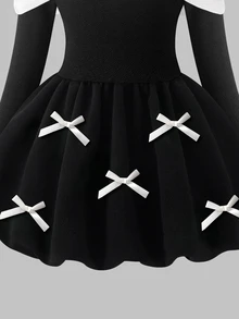 GirlsBlack & White Contrast Off-Shoulder Long Sleeve Princess Birthday Dress Fall Black & White Contrast Design Off-Shoulder Off-Shoulder Style With A - Black - View 5