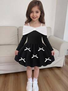 GirlsBlack & White Contrast Off-Shoulder Long Sleeve Princess Birthday Dress Fall Black & White Contrast Design Off-Shoulder Off-Shoulder Style With A - Black - View 7