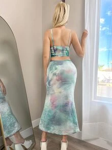 Sweetina Spaghetti Strap Sparkly Printed Vest And Low Waist Skirt Set - Multicolor - View 2