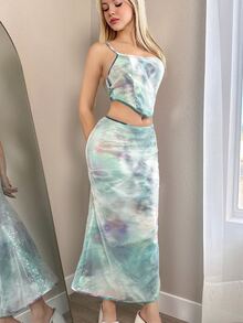 Sweetina Spaghetti Strap Sparkly Printed Vest And Low Waist Skirt Set - Multicolor - View 4