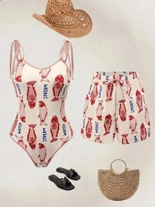 Swim Oasis 大尺碼女款印花連身泳衣與寬鬆泳褲2件組，高級優雅泳裝適用於海灘、泳池、游泳、度假與派對，時尚可愛 - 彩色 - 查看 3