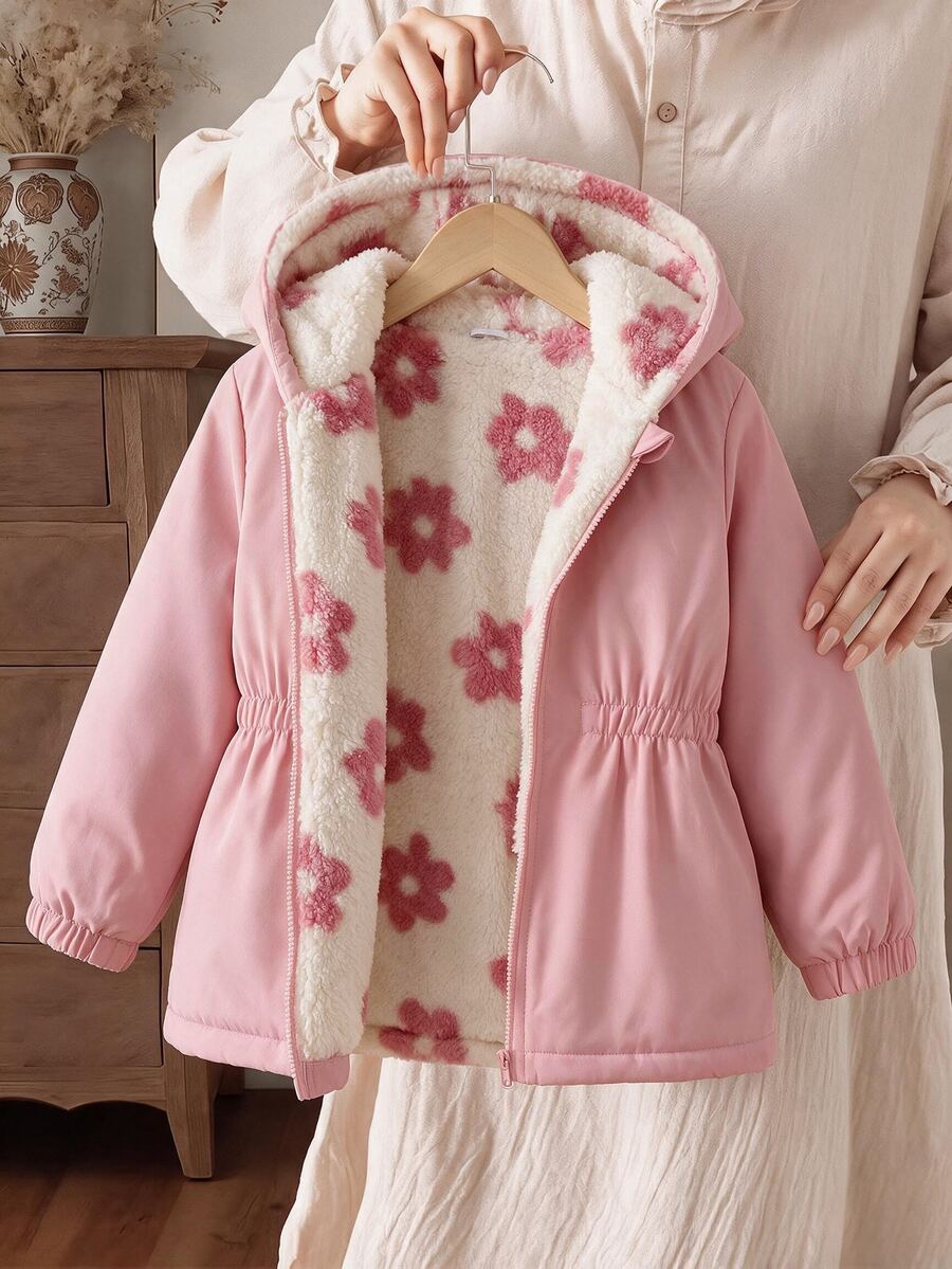 SHEIN Elladie kids 1pc Girls' Winter New Fuzzy Lining Zipper Cardigan With Elastic Waist And Hood, Versatile Fashion Cold-Proof Jacket For Outdoor And Commute - Pink - View 1