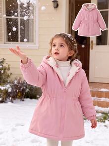SHEIN Elladie kids 1pc Girls' Winter New Fuzzy Lining Zipper Cardigan With Elastic Waist And Hood, Versatile Fashion Cold-Proof Jacket For Outdoor And Commute - Pink - View 5