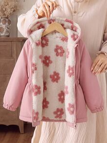 SHEIN Elladie kids 1pc Girls' Winter New Fuzzy Lining Zipper Cardigan With Elastic Waist And Hood, Versatile Fashion Cold-Proof Jacket For Outdoor And Commute - Pink - View 3
