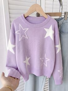 Girls' Autumn/Winter Fashion Star Pattern Jacquard Khaki Knit Sweater Long Sleeve Pullover - Mauve Purple - View 1