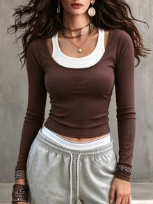 Trelyra Women's 2 In 1 Contrast Color Minimalist Casual Design Top - Coffee Brown - View 4