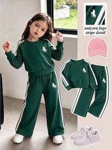 Casuvi Kids 女童春秋長袖長褲運動蝴蝶結緞帶針織運動衫兩件套 - 軍綠色 - 查看 1