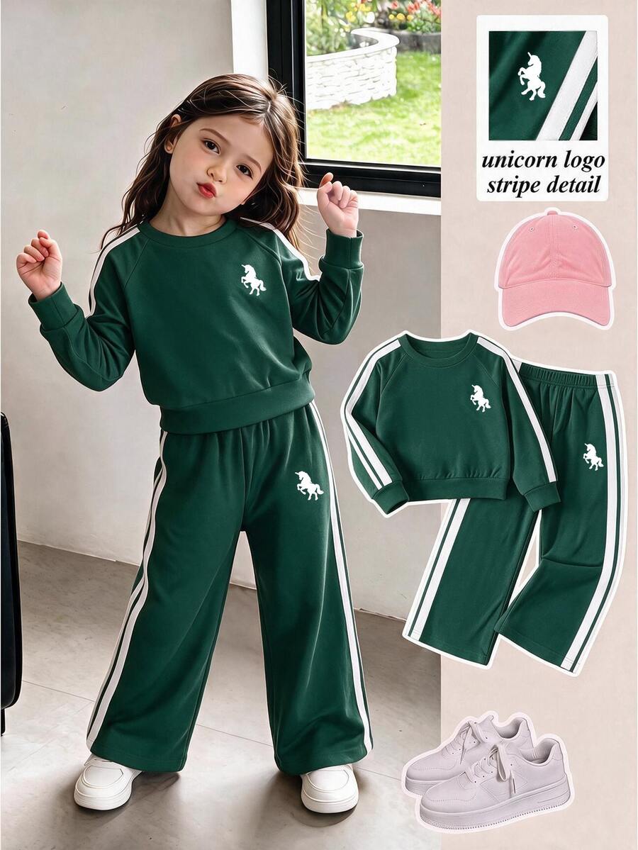 Casuvi Kids 女童春秋長袖長褲運動蝴蝶結緞帶針織運動衫兩件套 - 軍綠色 - 查看 1