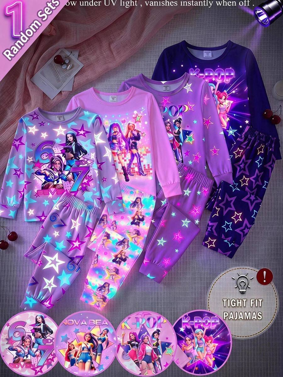 SHEIN 青少年女孩秋冬聖誕可愛時尚百搭派對長袖褲裝套裝 日常居家穿著修身款 - 彩色 - 查看 1