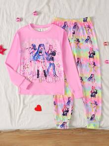 SHEIN 青少年女孩秋冬聖誕可愛時尚百搭派對長袖褲裝套裝 日常居家穿著修身款 - 彩色 - 查看 2