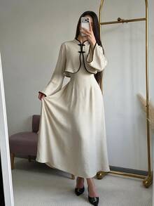 Siren Gaze Women's Colorblock Long Sleeve Top And Solid Color Cami Dress Fashion 2 Pieces Set - Apricot - View 1