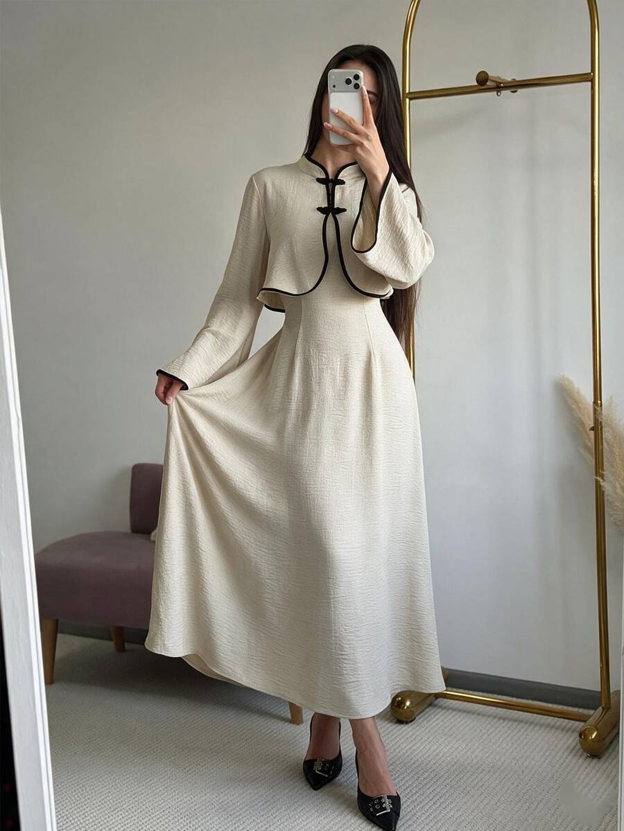 Siren Gaze Women's Colorblock Long Sleeve Top And Solid Color Cami Dress Fashion 2 Pieces Set - Apricot - View 1