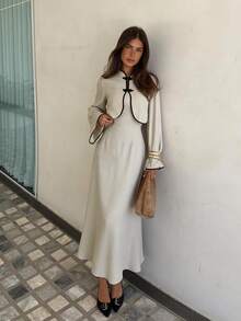 Siren Gaze Women's Colorblock Long Sleeve Top And Solid Color Cami Dress Fashion 2 Pieces Set - Apricot - View 4