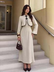 Siren Gaze Women's Colorblock Long Sleeve Top And Solid Color Cami Dress Fashion 2 Pieces Set - Apricot - View 2