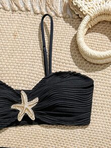 SHEIN 少女三件套比基尼，可调节肩带抹胸泳衣上装和泳裤，网纱裙，适合夏季海滩、泳池派对、度假。 - 黑色 - 查看 5
