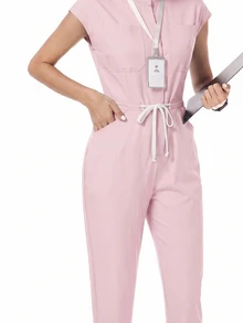 TaskEZ Women's Nurse Uniform Scrub Jumpsuit With Matte Print, Shoulder Sleeves, 4 Pockets And Waist Drawstring - Multicolor - View 7