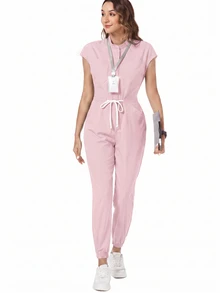 TaskEZ Women's Nurse Uniform Scrub Jumpsuit With Matte Print, Shoulder Sleeves, 4 Pockets And Waist Drawstring - Multicolor - View 6