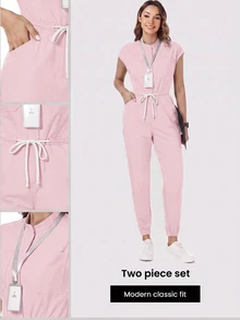 TaskEZ Women's Nurse Uniform Scrub Jumpsuit With Matte Print, Shoulder Sleeves, 4 Pockets And Waist Drawstring - Multicolor - View 1