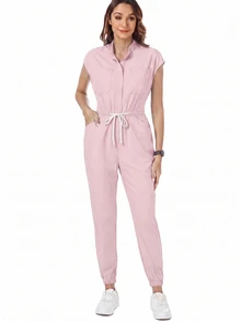 TaskEZ Women's Nurse Uniform Scrub Jumpsuit With Matte Print, Shoulder Sleeves, 4 Pockets And Waist Drawstring - Multicolor - View 4