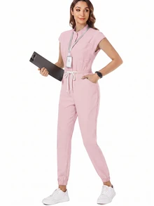 TaskEZ Women's Nurse Uniform Scrub Jumpsuit With Matte Print, Shoulder Sleeves, 4 Pockets And Waist Drawstring - Multicolor - View 5
