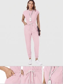 TaskEZ Women's Nurse Uniform Scrub Jumpsuit With Matte Print, Shoulder Sleeves, 4 Pockets And Waist Drawstring - Multicolor - View 8