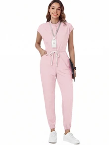 TaskEZ Women's Nurse Uniform Scrub Jumpsuit With Matte Print, Shoulder Sleeves, 4 Pockets And Waist Drawstring - Multicolor - View 3