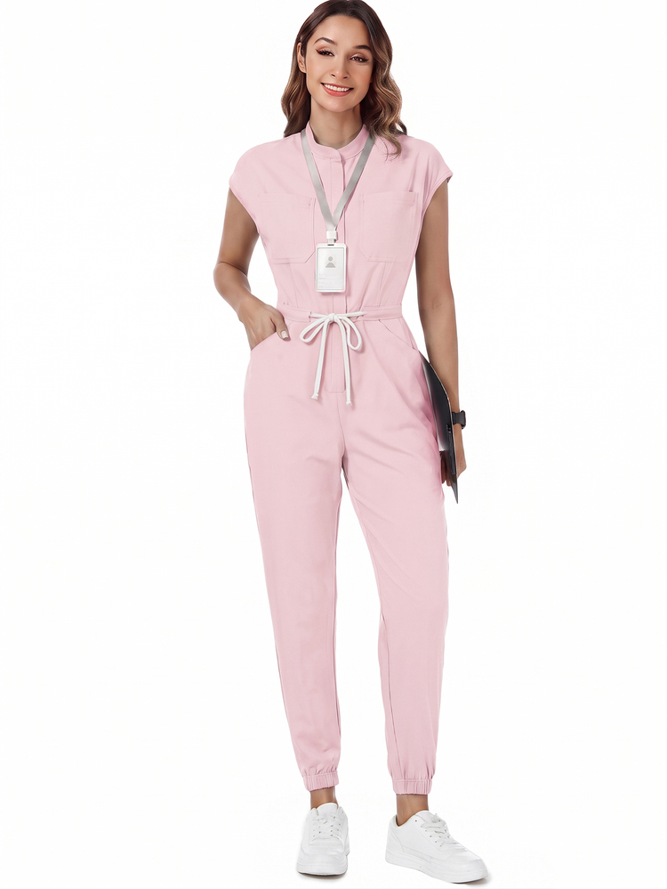 TaskEZ Women's Nurse Uniform Scrub Jumpsuit With Matte Print, Shoulder Sleeves, 4 Pockets And Waist Drawstring - Multicolor - View 3