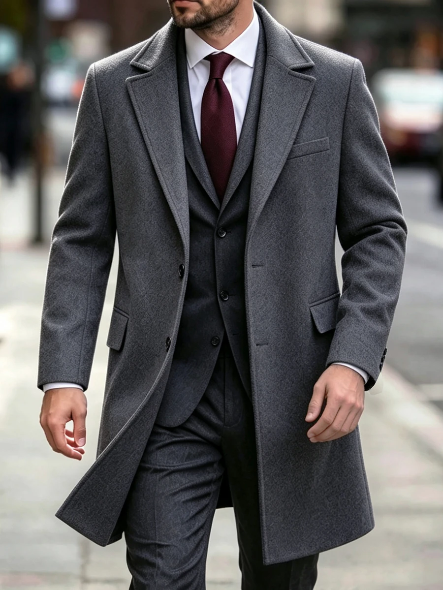 Manfinity Mode Men's Dark Gray Notch Lapel British Style Business Casual Elegant Overcoat - Dark Grey - View 1