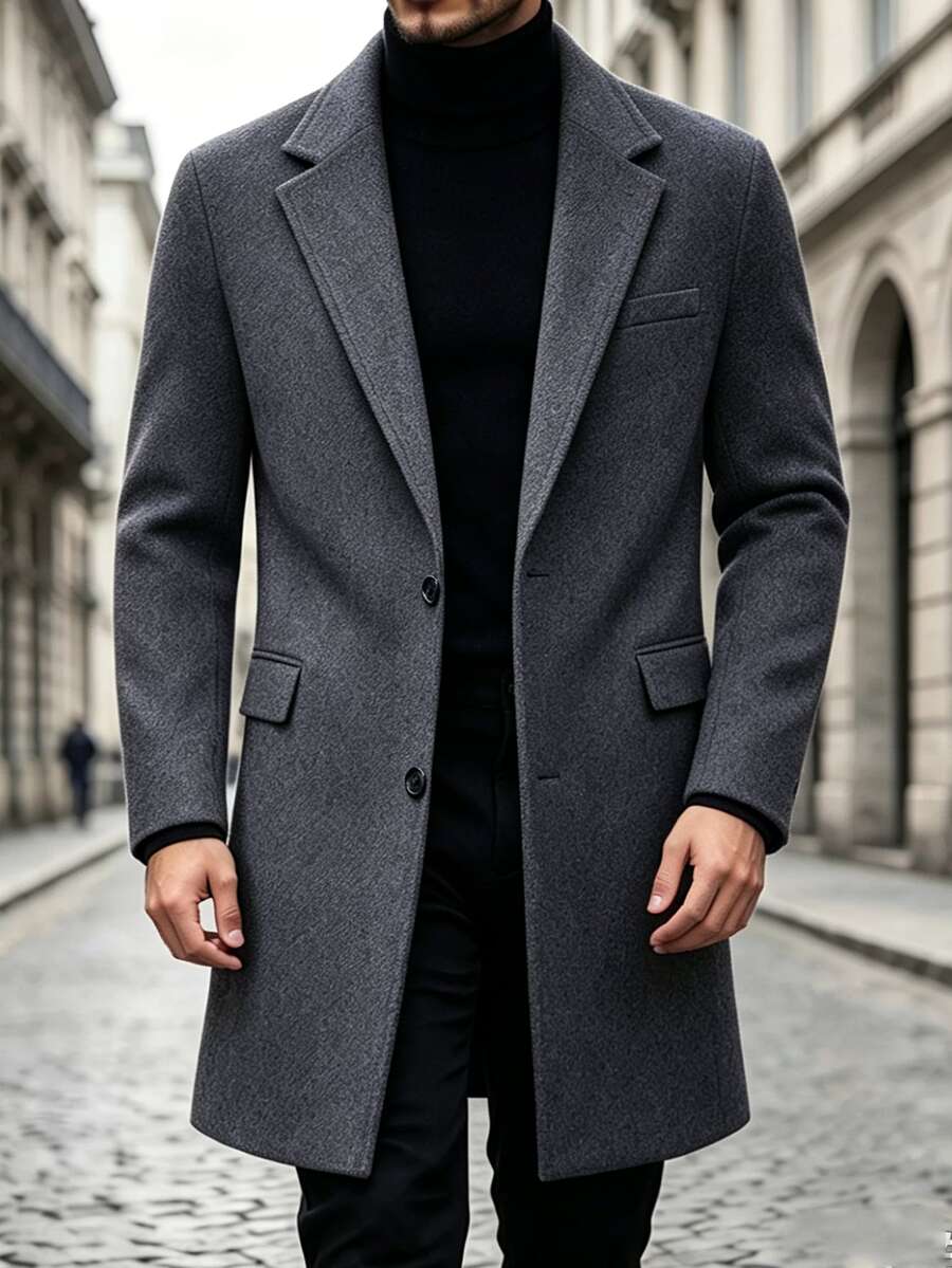 Manfinity Mode Men's Dark Gray Notch Lapel British Style Business Casual Elegant Overcoat - Dark Grey - View 1