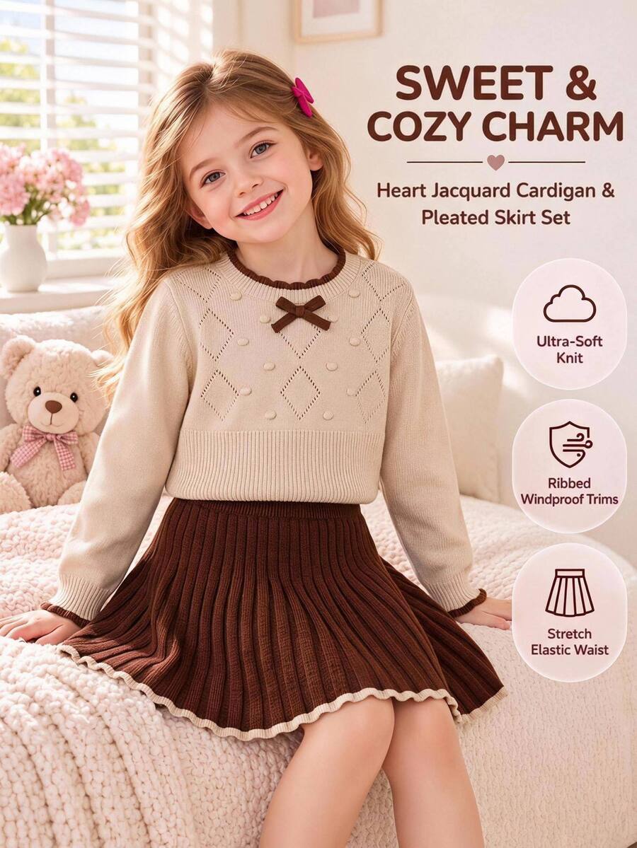 Souflis Souflis 2pcs Set Young Girls Cute Long Sleeve 3D Bow Decor Sweater And Pleated Skirt, Autumn/Winter - Brown - View 1