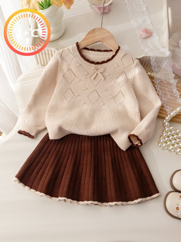 Souflis Souflis 2pcs Set Young Girls Cute Long Sleeve 3D Bow Decor Sweater And Pleated Skirt, Autumn/Winter - Brown - View 3