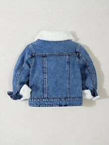 SHEIN 男童舒適休閒保暖內裡多功能無彈力牛仔夾克，秋冬款 - 中等水洗藍 - 查看 3