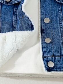 SHEIN 男童舒適休閒保暖內裡多功能無彈力牛仔夾克，秋冬款 - 中等水洗藍 - 查看 8