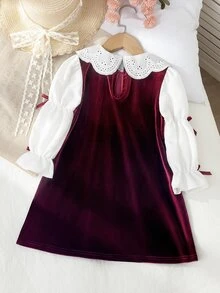 Girlss Velvet Long Sleeve Princess Dress Fall Overall 2 In 1 Design White Hollow Embroidery Large Lapel Puff Long Sleeves Burgundy Satin Bows On Both - Burgundy - View 2